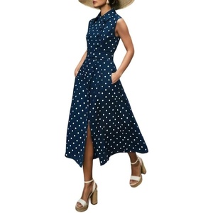image:imageCHARTOU Women Retro Polka Dot Long Dress Sleeveless Collared Button Down Shirt Dress with BeltNavy