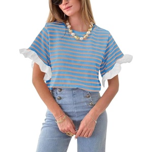 image:imageCHARTOU Women Summer Striped Tops Cute Ruffle Hem Short Sleeve Oversized T Shirt Casual Loose TeesBlue