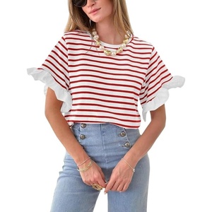 image:imageCHARTOU Women Summer Striped Tops Cute Ruffle Hem Short Sleeve Oversized T Shirt Casual Loose TeesRed