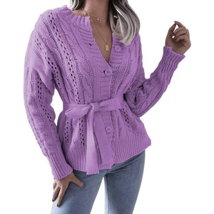 image:imageCHARTOU Womens Elegant Chunky Cable Knit Crochet Open Front Cardigan Sweater with BeltPurple