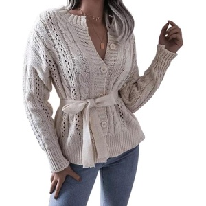 image:imageCHARTOU Womens Elegant Chunky Cable Knit Crochet Open Front Cardigan Sweater with BeltWhite