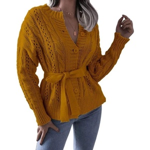 image:imageCHARTOU Womens Elegant Chunky Cable Knit Crochet Open Front Cardigan Sweater with BeltYellow