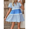 image:imageCHARTOU Women Summer Puff Sleeve Striped Tunic RIC Rac Trim Patchwork Ruffle Tiered Cute Babydoll Mini DressBlue