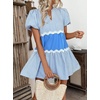 image:imageCHARTOU Women Summer Puff Sleeve Striped Tunic RIC Rac Trim Patchwork Ruffle Tiered Cute Babydoll Mini DressBlue