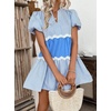 image:imageCHARTOU Women Summer Puff Sleeve Striped Tunic RIC Rac Trim Patchwork Ruffle Tiered Cute Babydoll Mini DressBlue