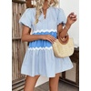 image:imageCHARTOU Women Summer Puff Sleeve Striped Tunic RIC Rac Trim Patchwork Ruffle Tiered Cute Babydoll Mini DressBlue