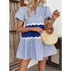 image:imageCHARTOU Women Summer Puff Sleeve Striped Tunic RIC Rac Trim Patchwork Ruffle Tiered Cute Babydoll Mini DressDark Blue