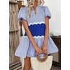 image:imageCHARTOU Women Summer Puff Sleeve Striped Tunic RIC Rac Trim Patchwork Ruffle Tiered Cute Babydoll Mini DressDark Blue