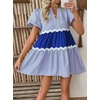image:imageCHARTOU Women Summer Puff Sleeve Striped Tunic RIC Rac Trim Patchwork Ruffle Tiered Cute Babydoll Mini DressDark Blue