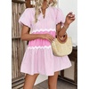 image:imageCHARTOU Women Summer Puff Sleeve Striped Tunic RIC Rac Trim Patchwork Ruffle Tiered Cute Babydoll Mini DressPink