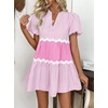 image:imageCHARTOU Women Summer Puff Sleeve Striped Tunic RIC Rac Trim Patchwork Ruffle Tiered Cute Babydoll Mini DressPink