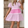 image:imageCHARTOU Women Summer Puff Sleeve Striped Tunic RIC Rac Trim Patchwork Ruffle Tiered Cute Babydoll Mini DressPink
