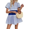image:imageCHARTOU Women Summer Puff Sleeve Striped Tunic RIC Rac Trim Patchwork Ruffle Tiered Cute Babydoll Mini DressDark Blue