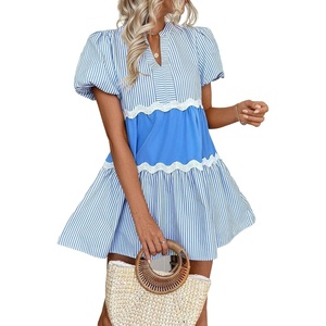 image:imageCHARTOU Women Summer Puff Sleeve Striped Tunic RIC Rac Trim Patchwork Ruffle Tiered Cute Babydoll Mini DressBlue
