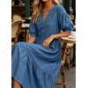 image:imageCHARTOU Denim Dress for Women Puff Short Sleeve Summer Casual Loose V Neck Tiered Babydoll Midi Jean Dress with PocketsBlue