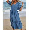 image:imageCHARTOU Denim Dress for Women Puff Short Sleeve Summer Casual Loose V Neck Tiered Babydoll Midi Jean Dress with PocketsBlue