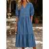 image:imageCHARTOU Denim Dress for Women Puff Short Sleeve Summer Casual Loose V Neck Tiered Babydoll Midi Jean Dress with PocketsBlue