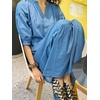 image:imageCHARTOU Denim Dress for Women Puff Short Sleeve Summer Casual Loose V Neck Tiered Babydoll Midi Jean Dress with PocketsBlue