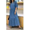 image:imageCHARTOU Denim Dress for Women Puff Short Sleeve Summer Casual Loose V Neck Tiered Babydoll Midi Jean Dress with PocketsBlue