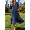 image:imageCHARTOU Denim Dress for Women Puff Short Sleeve Summer Casual Loose V Neck Tiered Babydoll Midi Jean Dress with PocketsDark Blue