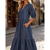image:imageCHARTOU Denim Dress for Women Puff Short Sleeve Summer Casual Loose V Neck Tiered Babydoll Midi Jean Dress with PocketsDark Blue
