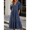 image:imageCHARTOU Denim Dress for Women Puff Short Sleeve Summer Casual Loose V Neck Tiered Babydoll Midi Jean Dress with PocketsDark Blue