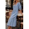 image:imageCHARTOU Denim Dress for Women Puff Short Sleeve Summer Casual Loose V Neck Tiered Babydoll Midi Jean Dress with PocketsLight Blue
