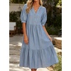 image:imageCHARTOU Denim Dress for Women Puff Short Sleeve Summer Casual Loose V Neck Tiered Babydoll Midi Jean Dress with PocketsLight Blue