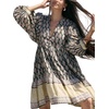 image:imageCHARTOU Women Boho Floral Mini Dress Summer Puff Sleeve Button Up Tiered Ruffle Babydoll Short DressBlack