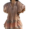image:imageCHARTOU Women Boho Floral Mini Dress Summer Puff Sleeve Button Up Tiered Ruffle Babydoll Short DressPink