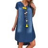 image:imageCHARTOU Women Casual Short Sleeve Denim Dress Summer Shift Dress Knee Length Tunic Dress Ruffle Back Midi DressDark Blue