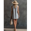 image:imageCHARTOU Women Cotton Linen Shift Mini Dress Summer Sleeveless Striped Petite Dresses with PocketsBlue