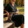 image:imageCHARTOU Women Summer Cotton Linen Midi Dress V Neck Short Sleeve Frayed Shift Dress with PocketsBlack