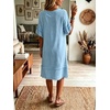 image:imageCHARTOU Women Summer Cotton Linen Midi Dress V Neck Short Sleeve Frayed Shift Dress with PocketsBlue