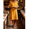 image:imageCHARTOU Women Summer Cotton Linen Midi Dress V Neck Short Sleeve Frayed Shift Dress with PocketsOrange
