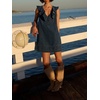 image:imageCHARTOU Women Summer Denim Mini Dress Casual Loose Ruffle Collar Sleeveless Buttons Shift Jean DressBlue