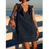 image:imageCHARTOU Women Summer Denim Mini Dress Casual Loose Ruffle Collar Sleeveless Buttons Shift Jean DressBlue