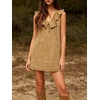 image:imageCHARTOU Women Summer Denim Mini Dress Casual Loose Ruffle Collar Sleeveless Buttons Shift Jean DressKhaki