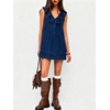 image:imageCHARTOU Women Summer Denim Mini Dress Casual Loose Ruffle Collar Sleeveless Buttons Shift Jean DressNavy Blue