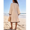 image:imageCHARTOU Women Summer Striped Midi Dress RIC Rac Trim 34 Bell Sleeve Loose Casual Tunic DressBeige