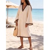 image:imageCHARTOU Women Summer Striped Midi Dress RIC Rac Trim 34 Bell Sleeve Loose Casual Tunic DressBeige