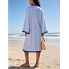 image:imageCHARTOU Women Summer Striped Midi Dress RIC Rac Trim 34 Bell Sleeve Loose Casual Tunic DressBlue