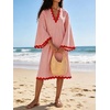 image:imageCHARTOU Women Summer Striped Midi Dress RIC Rac Trim 34 Bell Sleeve Loose Casual Tunic DressRed