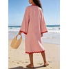 image:imageCHARTOU Women Summer Striped Midi Dress RIC Rac Trim 34 Bell Sleeve Loose Casual Tunic DressRed