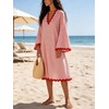 image:imageCHARTOU Women Summer Striped Midi Dress RIC Rac Trim 34 Bell Sleeve Loose Casual Tunic DressRed