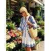 image:imageCHARTOU Womens Boho Printed Tunic Dress 34 Sleeve V Neck Ruffle Hem Casual Shift Mini Dress for Summer Beach VacationBlue