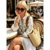 image:imageCHARTOU Womens Boho Printed Tunic Dress 34 Sleeve V Neck Ruffle Hem Casual Shift Mini Dress for Summer Beach VacationGreen