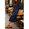 image:imageCHARTOU Womens Denim Midi Dress V Neck Puff 34 Sleeve ALine Casual Babydoll Jean Dresses Flowy Tiered Long Denim DressDark Blue