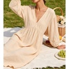 image:imageCHARTOU Womens Gauze Cotton Midi Dress V Neck 34 Puff Sleeve Casual Loose Flowy Tiered Summer Beach Dress with PocketsApricot