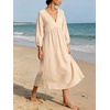 image:imageCHARTOU Womens Gauze Cotton Midi Dress V Neck 34 Puff Sleeve Casual Loose Flowy Tiered Summer Beach Dress with PocketsApricot